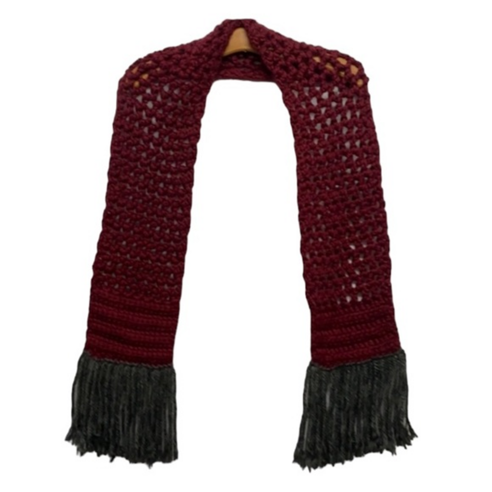 Gray & maroon crocheted fringe‎ scarf hand made measurements in pics (B20)